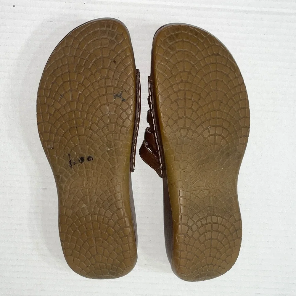 Clarks Woven Slide Sandals Womens 7M Brown Leather Slip On Woven Shoes Vacation